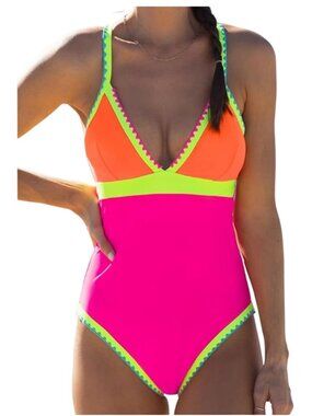 Womens XXL One Piece Swimsuit Neon Color Block Contrast Cross Strap Modest